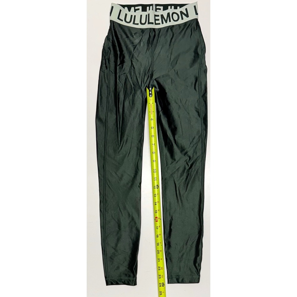 Lululemon Lab Shiny Green High Rise Leggings Branded Waistband Womens Size 2